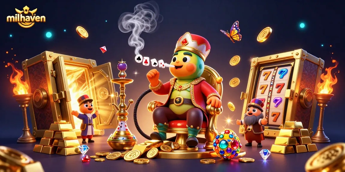 Experience the excitement of milhaven with a colorful 3D casino scene featuring vibrant gambling elements.