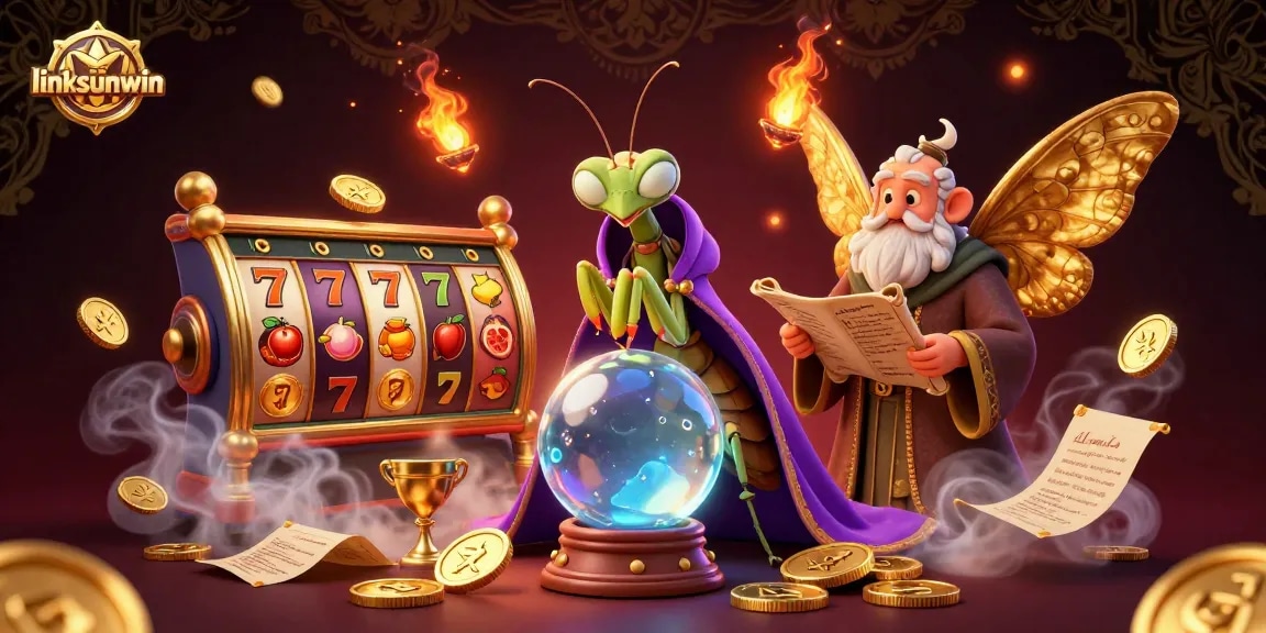 Experience the magic of linksunwin with a vibrant 3D casino scene featuring a fortune teller, librarian, and dynamic gaming elements.