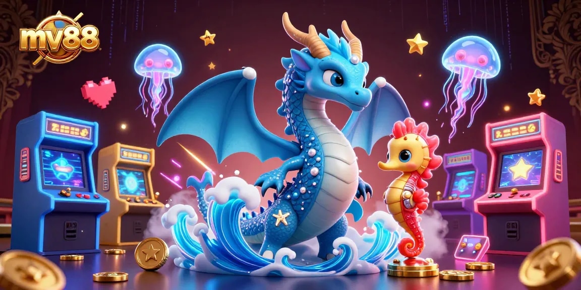Experience the excitement of mv88 with vibrant casino action featuring a playful water dragon and seahorse knight.