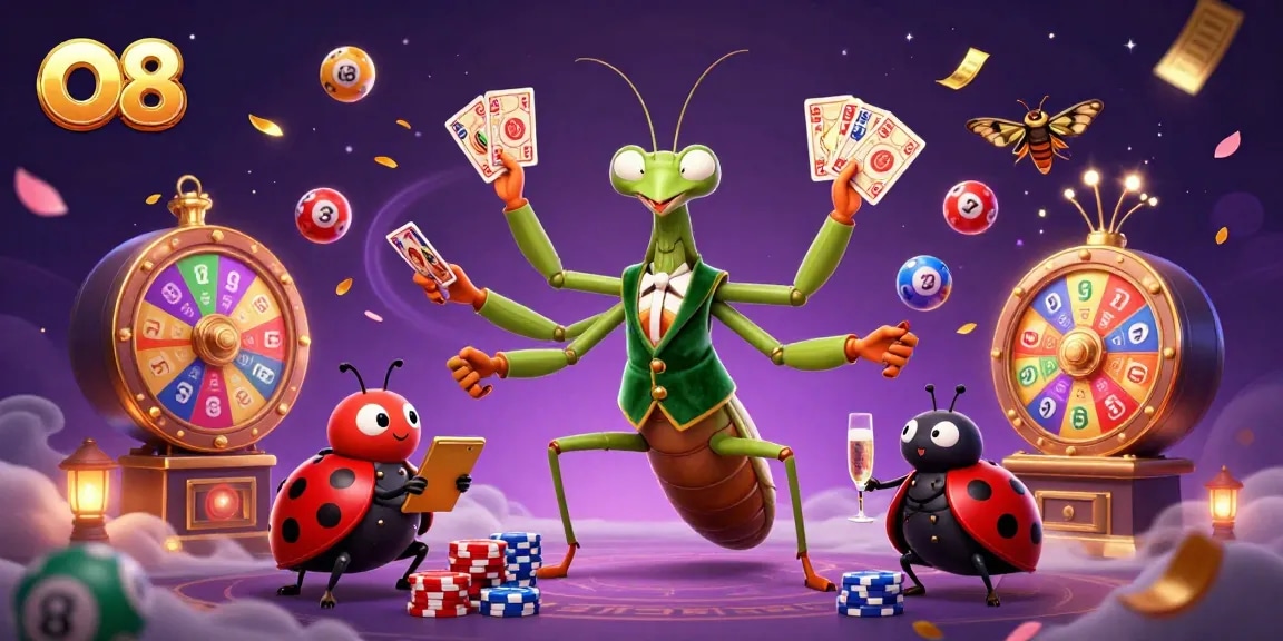Engage with O8, the vibrant online casino, featuring a lively 3D mantis card sharp and dynamic game elements.