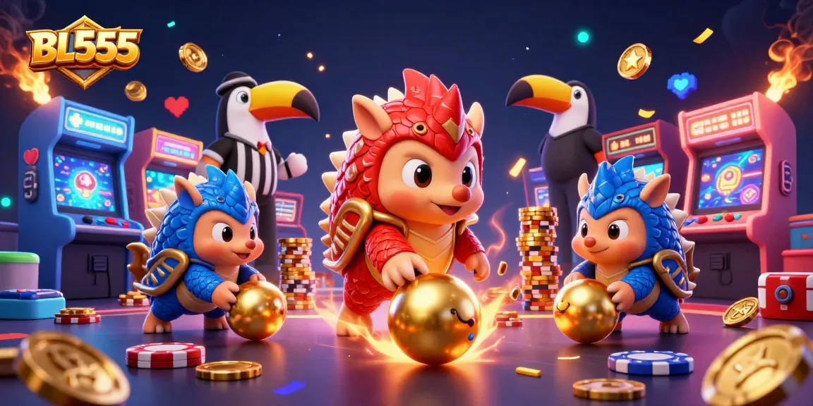 Engage in thrilling gameplay at BL555 with animated pangolins rolling through poker chips and glowing arcade features.