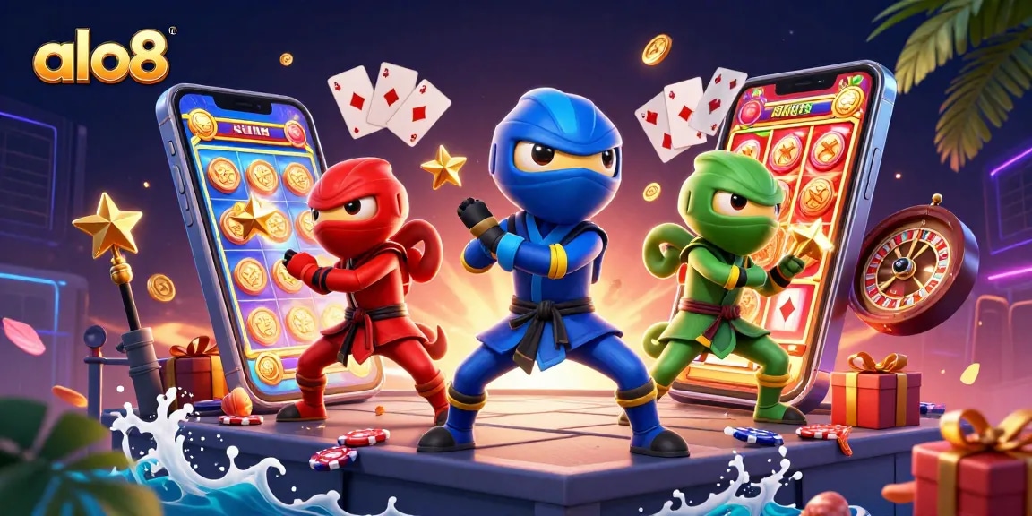 alo8's ninja chameleon team performing martial arts among casino elements, showcasing vibrant slot game graphics.