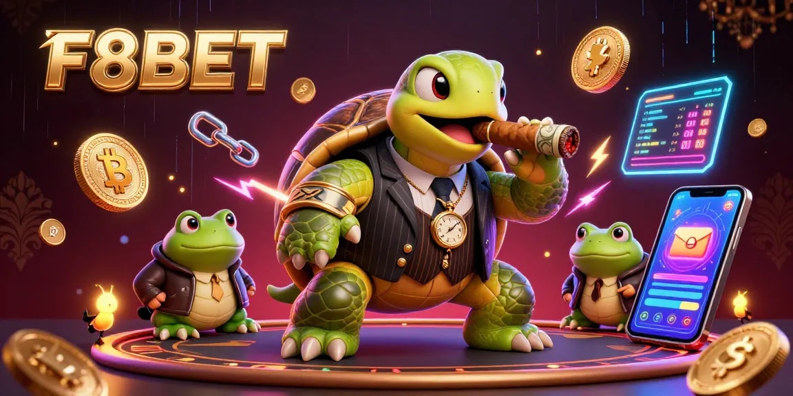 Engage with F8BET as a massive snapping turtle dons a vintage suit amidst gaming excitement.