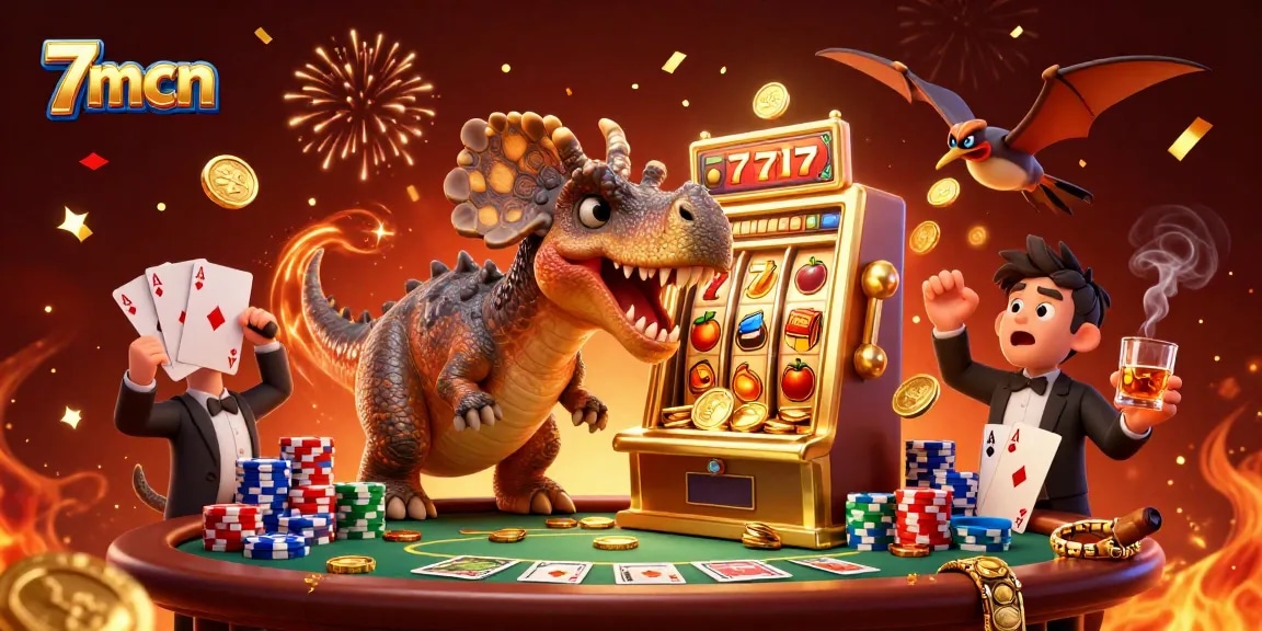 7mcn jackpot scene with pachycephalosaurus hitting a slot machine amidst confetti and poker elements.