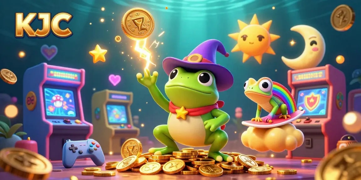 Immerse in the enchanting world of KJC, where a magical frog conjures gold in a lively casino scene.