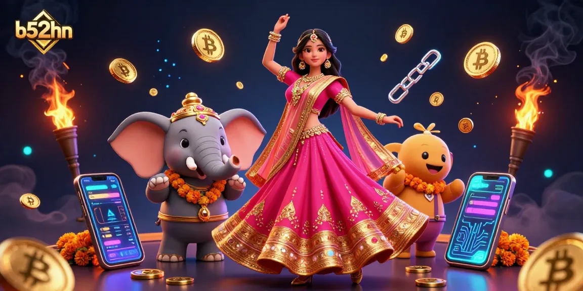 b52hn casino illustration featuring an Asian woman in a lehenga and a bejeweled elephant surrounded by crypto coins.