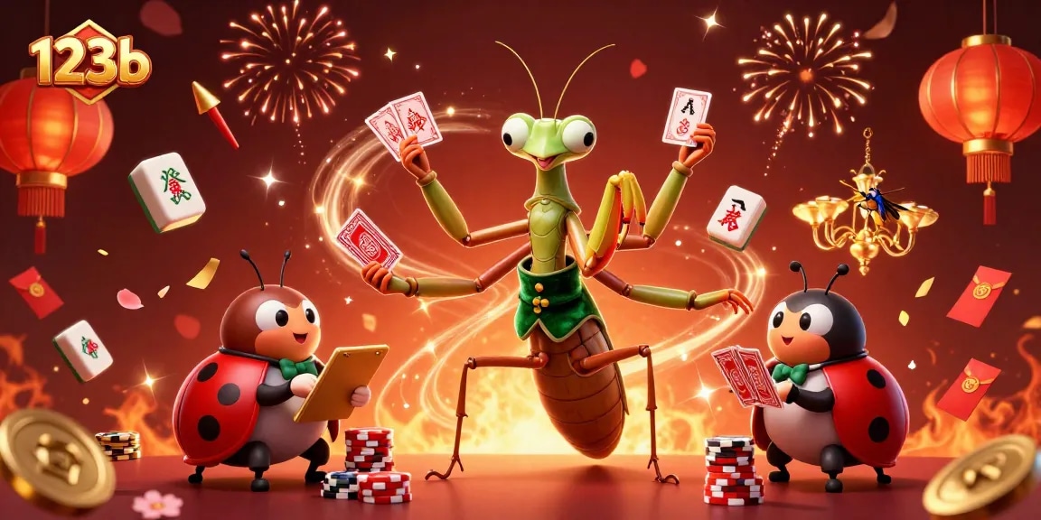 Engage with 123b's vibrant casino scene featuring a giant praying mantis card sharp amidst festive elements.