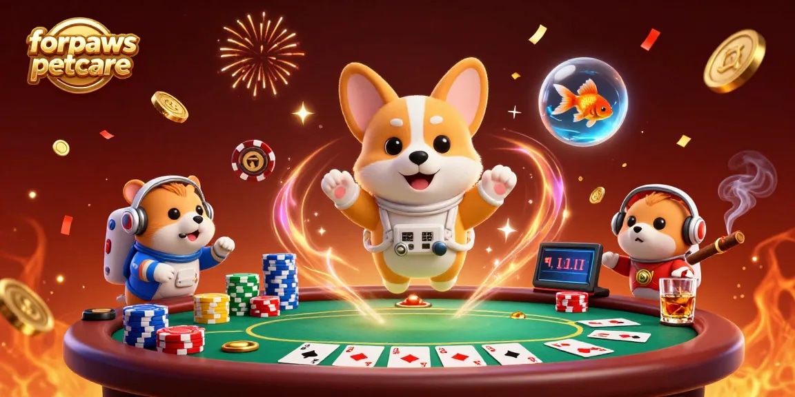 Win big with forpawspetcare's 3D floating casino scene featuring poker action and celebration.