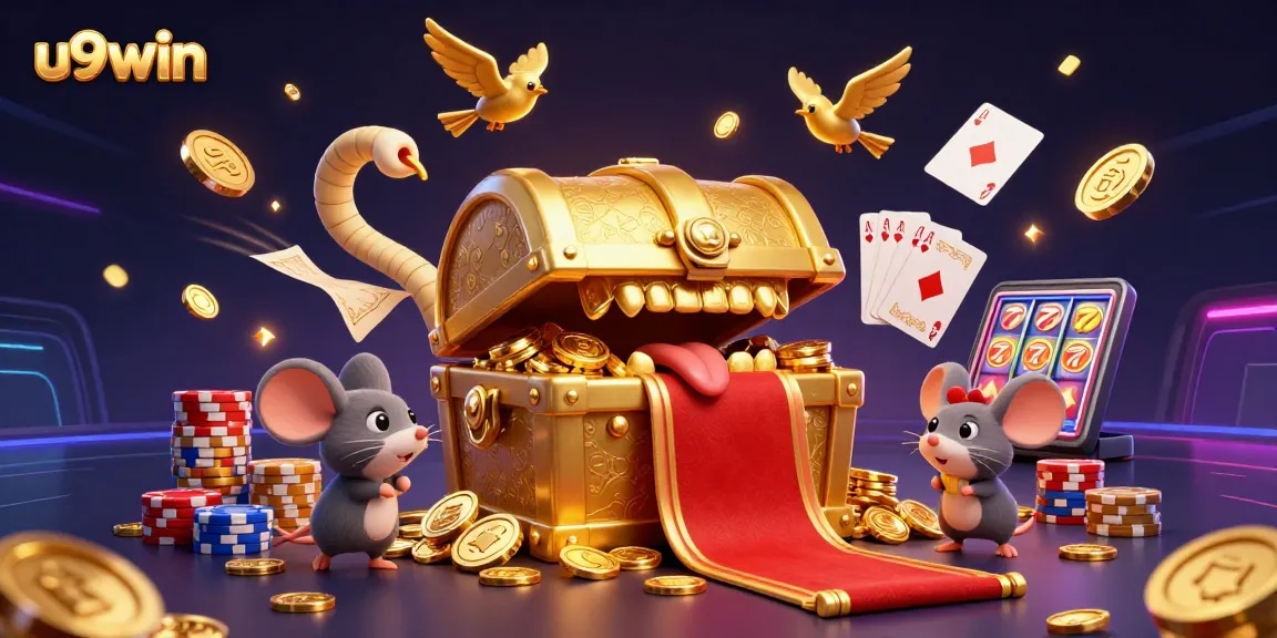 Spin and win with u9win's vibrant 3D casino illustration showcasing treasure and winnings.