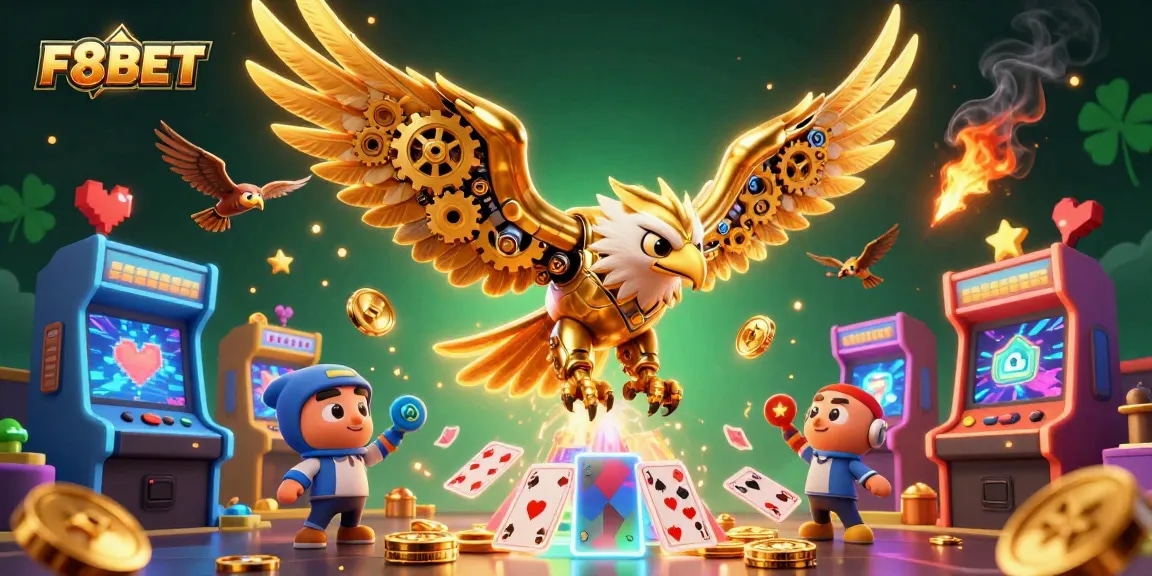 Experience exhilarating gaming with F8BET's vibrant casino adventure featuring a cybernetic eagle.