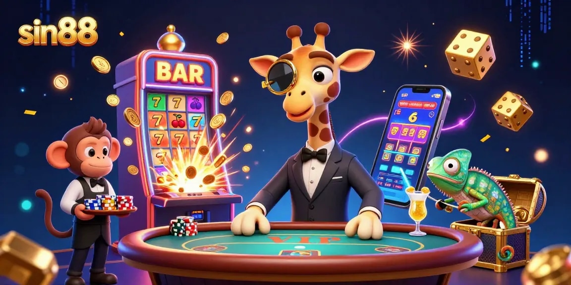 Engage in thrilling gameplay at sin88 with a high-roller giraffe, poker table, and vibrant casino elements.