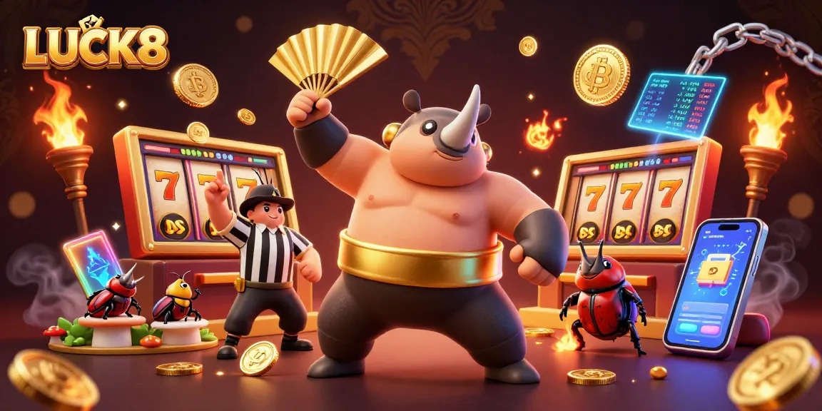 LUCK8 showcases vibrant 3D casino elements with a beetle champion, slot reels, and crypto coins.