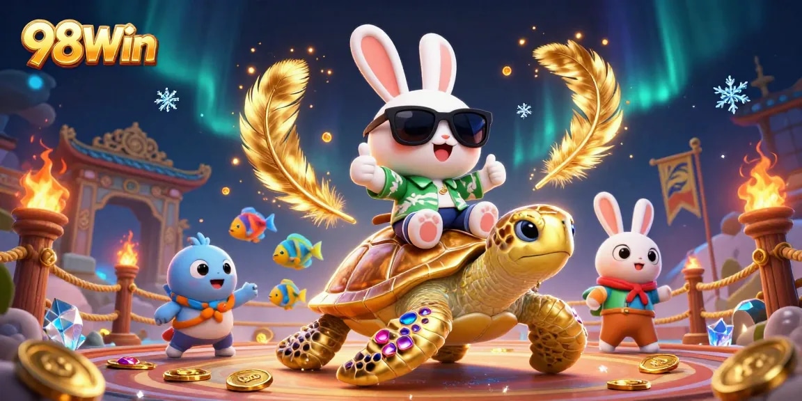 Engage in thrilling gameplay at 98Win with vibrant casino adventure surrounded by lucky symbols.