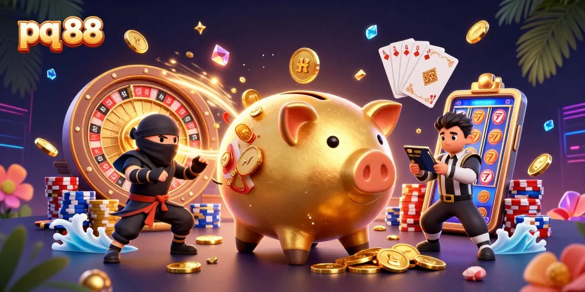 Experience excitement with pq 88 as golden coins cascade and casino action unfolds.