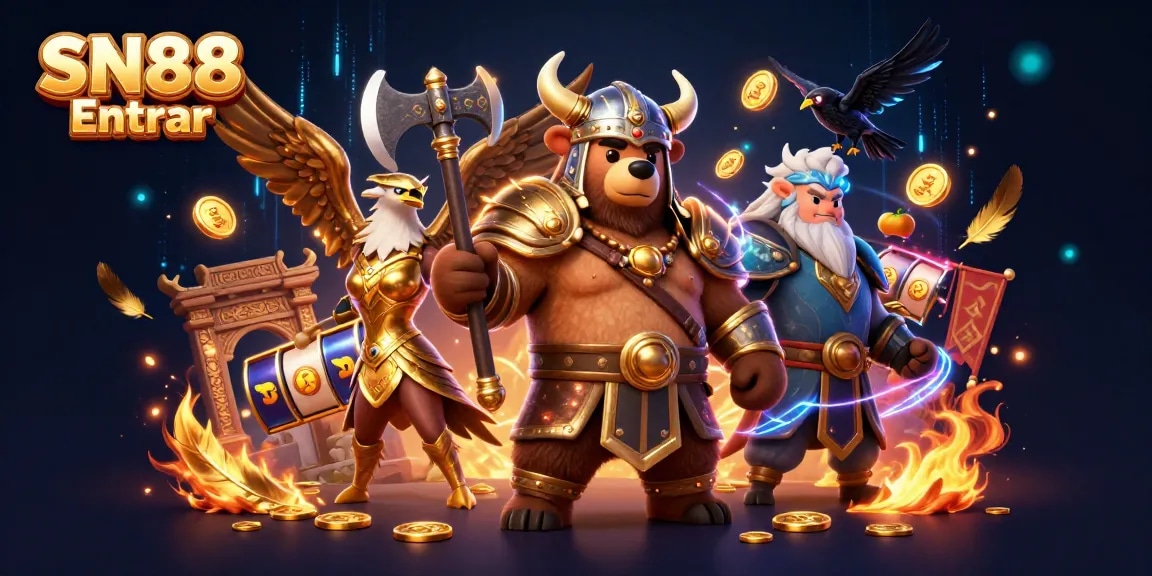 Experience the excitement of SN88 Entrar with vibrant slot symbols and engaging characters in this dynamic illustration.