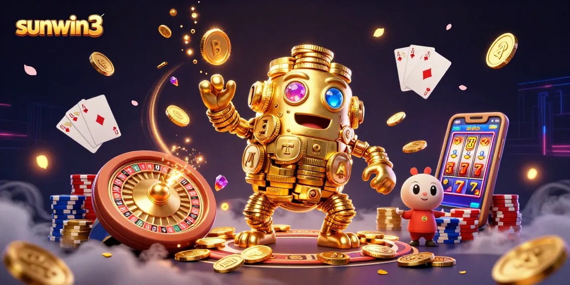 Experience thrilling wins with sunwin3's golden golem and vibrant casino elements in an immersive scene.