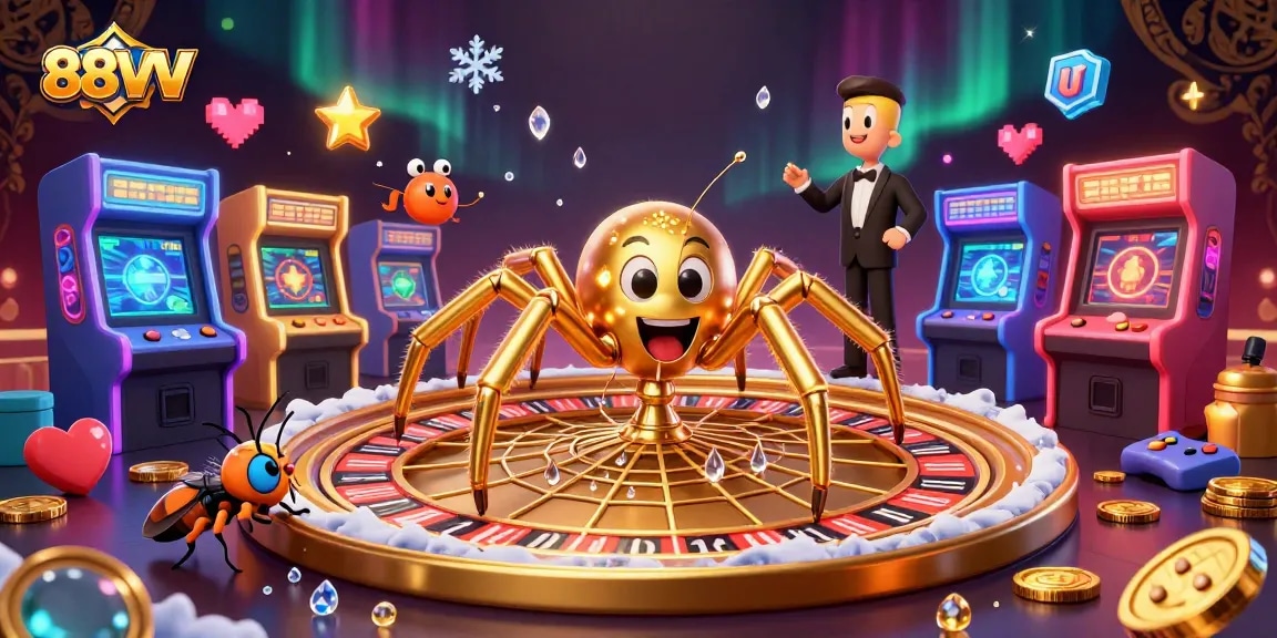 Place bets at 88VV, a vibrant casino scene with animated characters and glowing game machines.