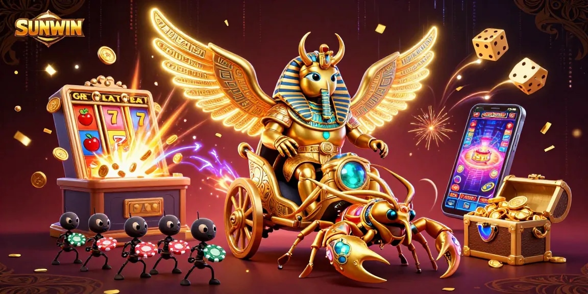 SUNWIN features a golden scarab beetle in pharaoh armor amidst a jackpot celebration with vivid casino elements.