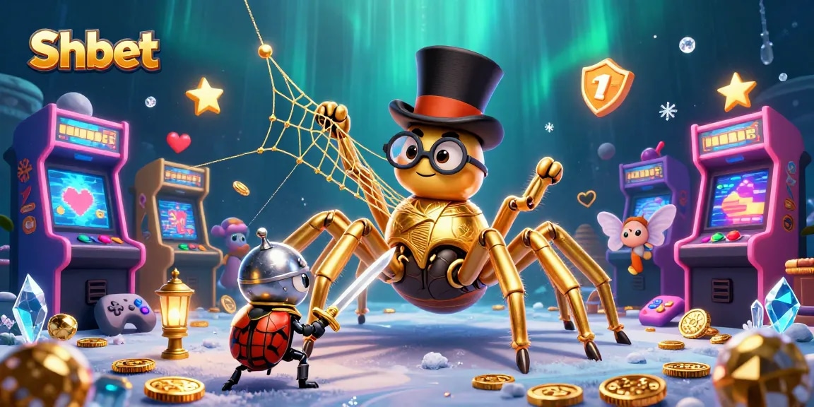 Experience Shbet's thrilling gaming world with a golden tarantula and knight in a vibrant casino scene.