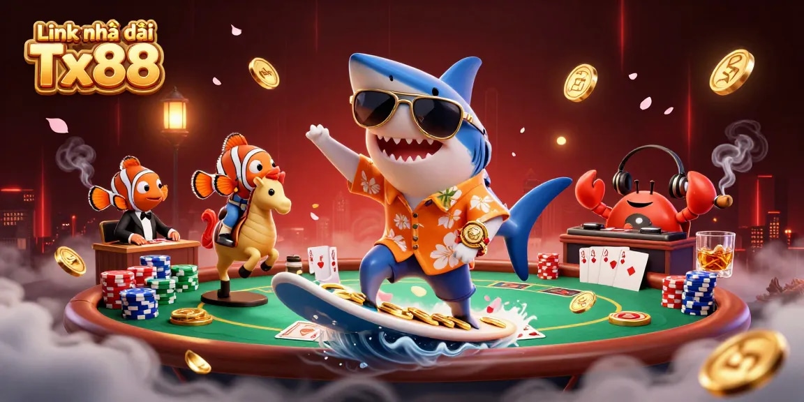 Engage with Link nhà cái Tx88 through a vibrant casino adventure featuring a shark surfing gold coins.