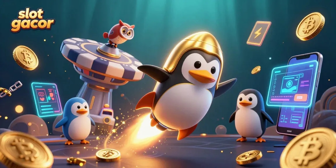 Engage with slot gacor visuals featuring a dynamic 3D golden penguin and cozy casino space.