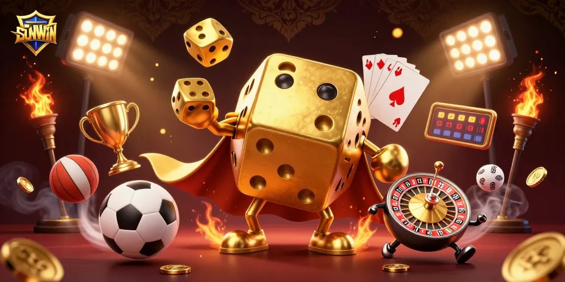 SUNWIN players engage in fun gambling with a dynamic 3D casino scene featuring golden dice, sports balls, and a lively atmosphere.