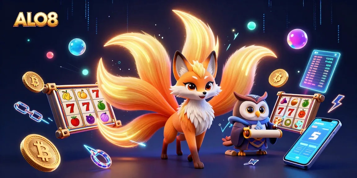 Engage with the vibrant slot experience at ALO8 amidst glowing characters and colorful casino elements.