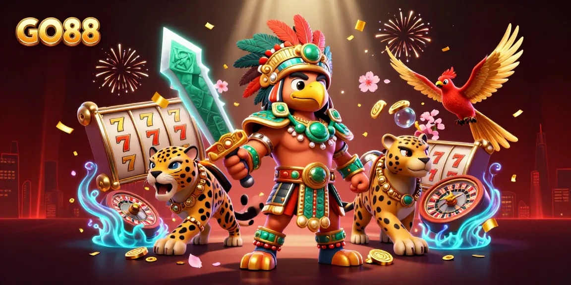 Engage with GO88's vibrant 3D casino scene featuring dynamic characters and exciting game elements.