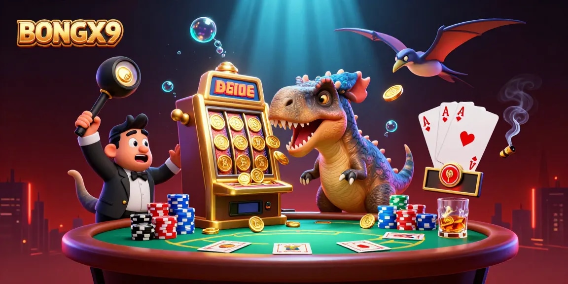 BONGX9 casino action illustration with a colorful pachycephalosaurus winning jackpot on a slot machine.