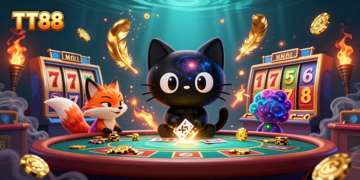 Experience TT88's cosmic casino action with a captivating black hole cat and colorful fox!