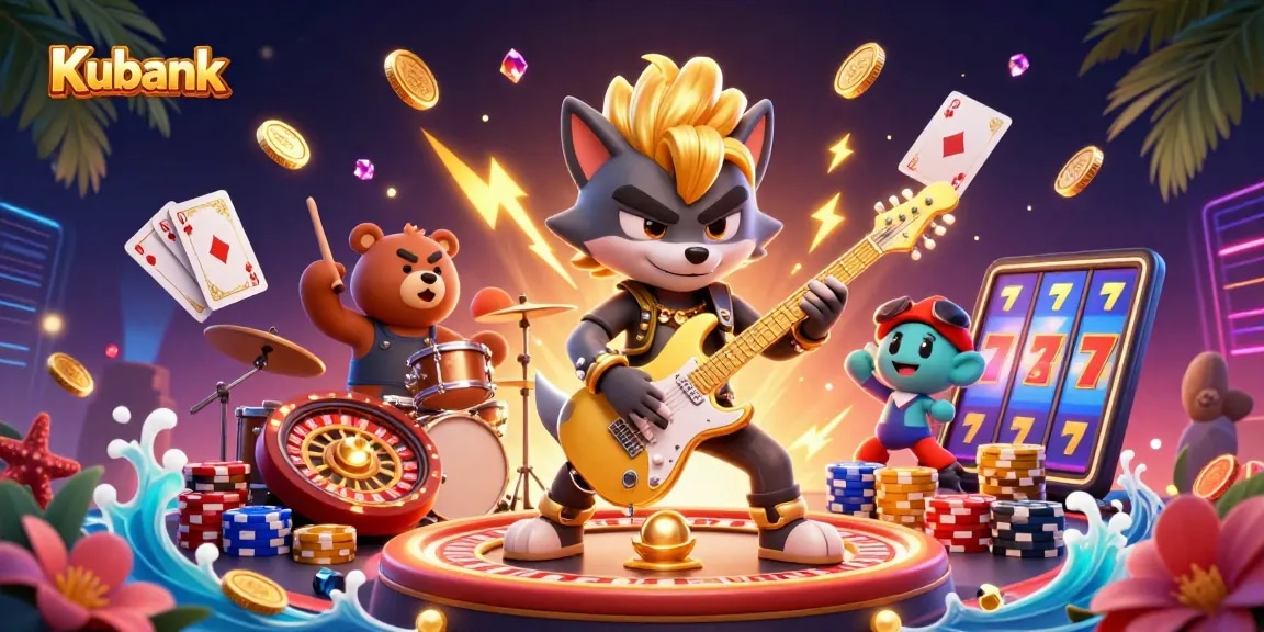 Kubank promotional illustration featuring a rock star wolf and drummer bear amidst swirling casino elements.