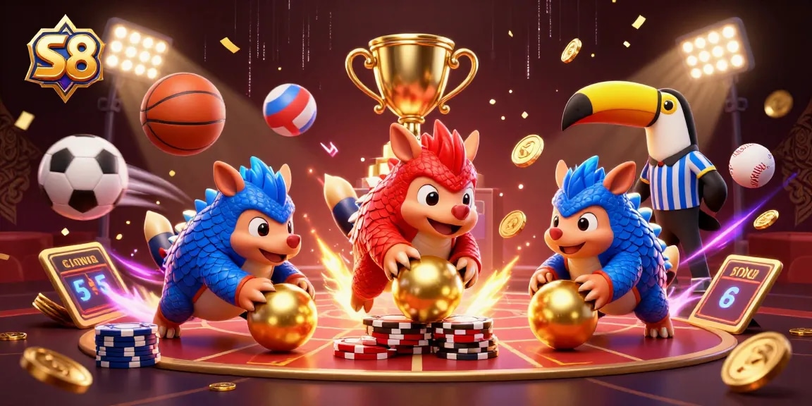 Experience the excitement of S8 with dynamic pangolins competing amidst vibrant sports elements in a rich casino setting.