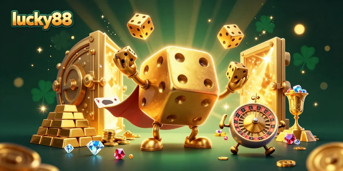 Experience thrilling wins with lucky88 in a vibrant 3D casino scene filled with treasures.