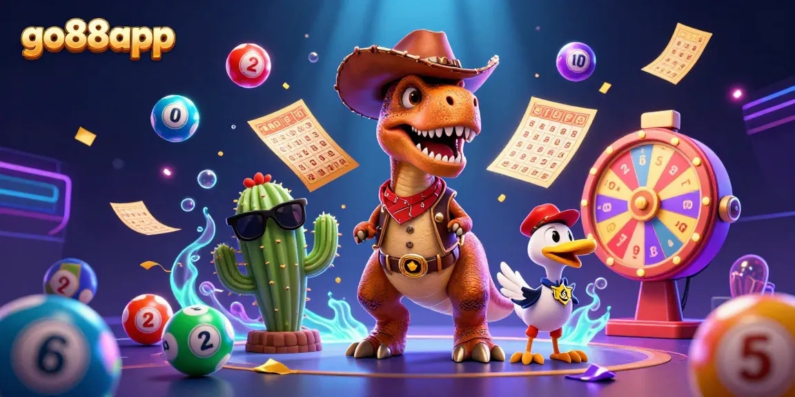 Playful scene with a cowboy dinosaur and cactus companions promoting go88app lottery excitement.