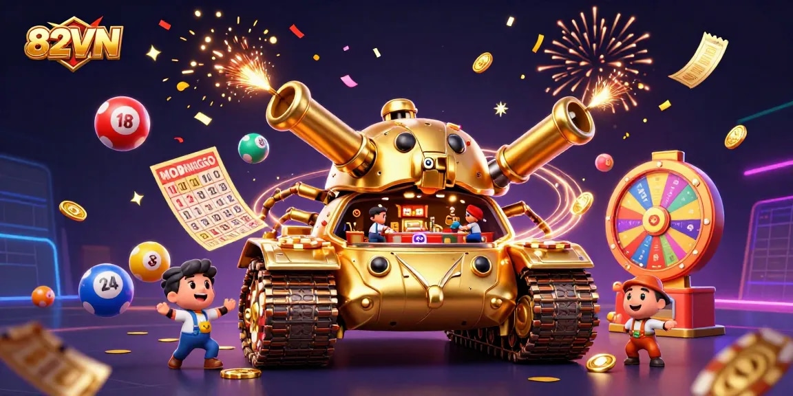 Engage with 82VN's festive gaming scene featuring a vibrant casino inside a massive golden beetle tank.