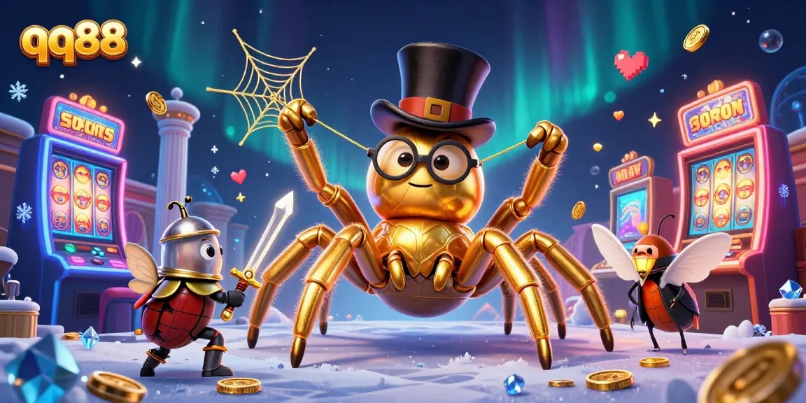 Watch the giant golden tarantula at qq88 spinning a web in a vibrant casino setting filled with games.