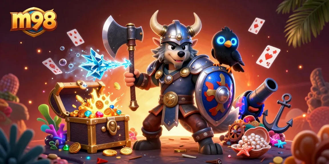 Engage in exciting gameplay with m98, featuring a Viking warrior alongside a fierce dragon in a vibrant casino scene.