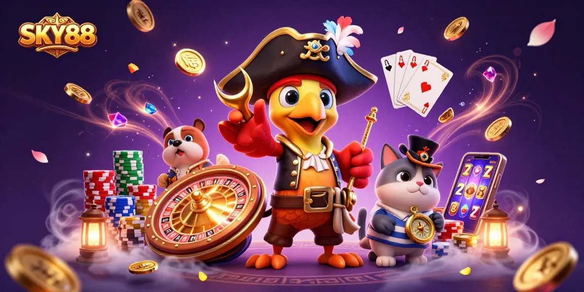 Experience thrilling wins with SKY88 in an ultra-detailed casino adventure featuring vibrant characters and exciting game elements.