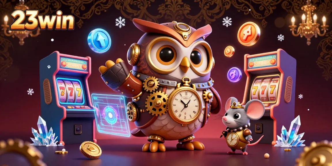 Experience the excitement of 23win with vibrant casino elements and 3D characters in an immersive setting.