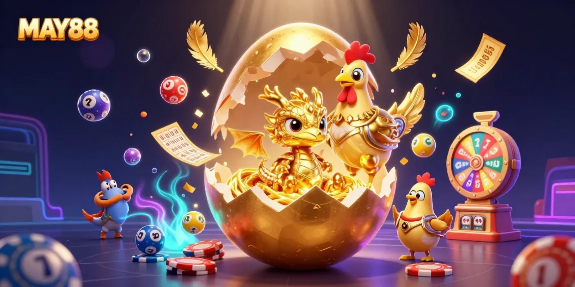 MAY88 offers thrilling gaming experiences with a golden dragon on poker chips amid colorful lottery elements.