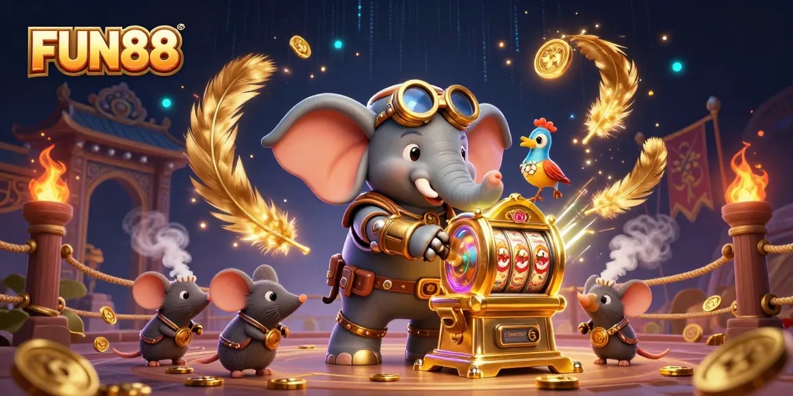 Engage with FUN88's thrilling slot machine action in a vibrant 3D casino scene.