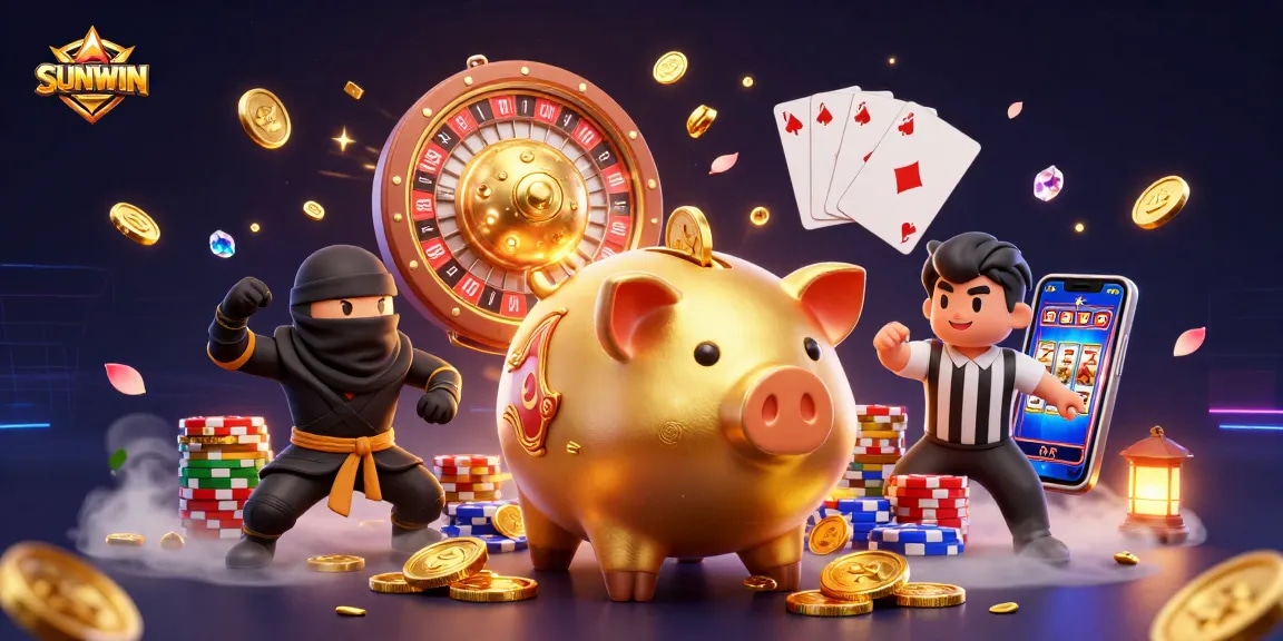 SUNWIN captures a thrilling casino scene with a golden piggy bank wrestler, sparkling coins, and dynamic game elements