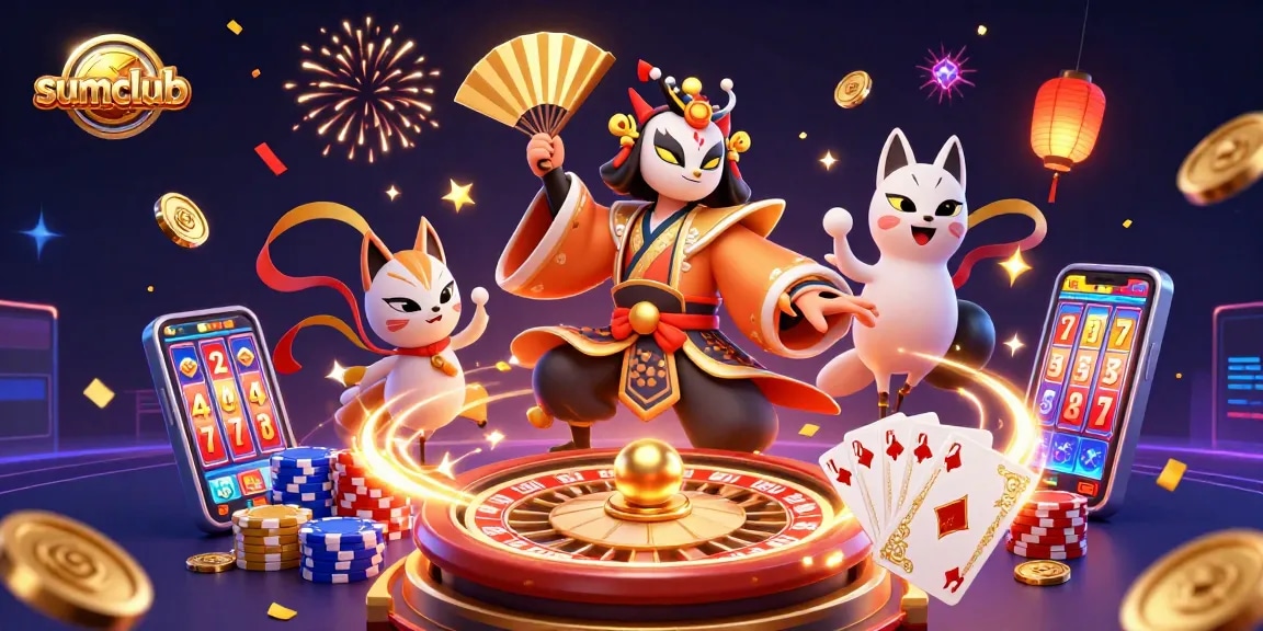 Experience excitement at sumclub with vibrant casino-themed illustrations and dynamic gaming elements.