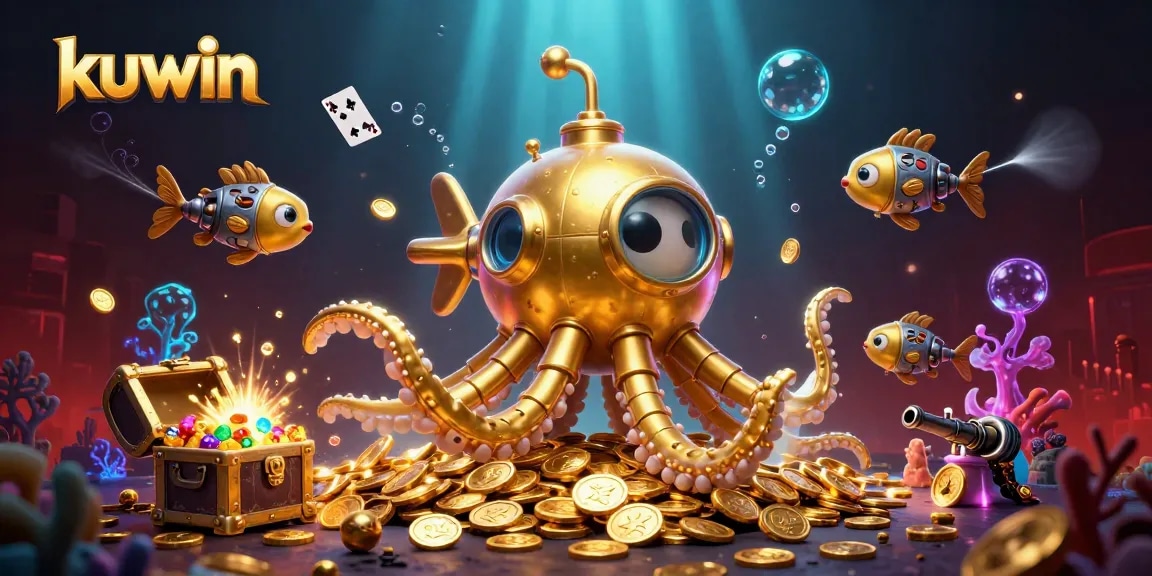 Kuwin platform showcases golden kraken and mechanical fish in a treasure-filled underwater scene with dynamic casino elements.