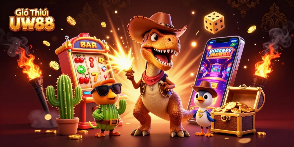 Giới Thiệu UW88 brings lively gaming action with a dynamic slot machine scene and charming characters.