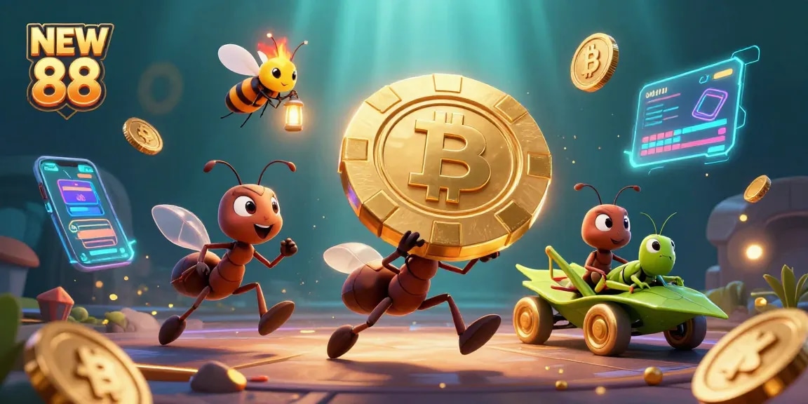 Experience NEW 88 with a thrilling heist of giant poker chips and vibrant crypto elements.