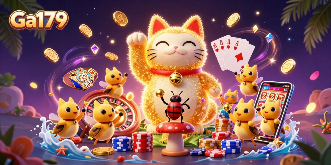 Experience the Ga179 casino world with a vivid lucky cat and vibrant casino elements.