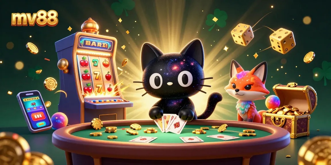 Engage with mv88 gaming features surrounded by vibrant 3D casino elements full of color and energy.
