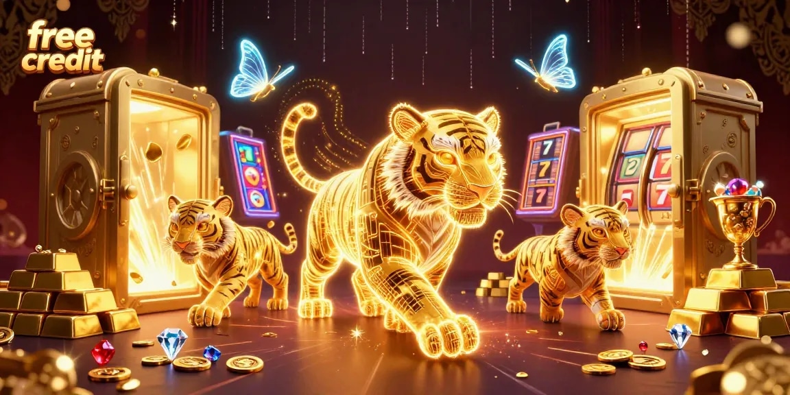 Experience the thrill of free credit bonuses at a vibrant digital casino with a neon tiger and slot reels.