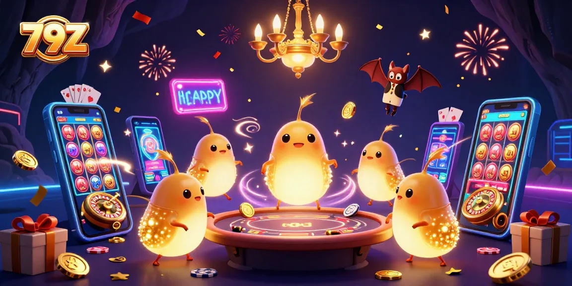 Experience the thrill of winning with 79Z in a vibrant cave casino scene filled with animated glowworms and games.
